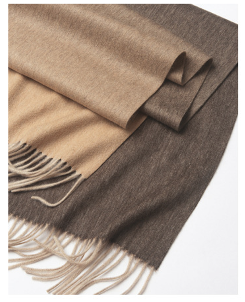 Start2Finish degradé lambswool scarf in woven brown and camel with a soft, textured appearance and stylish color blending.