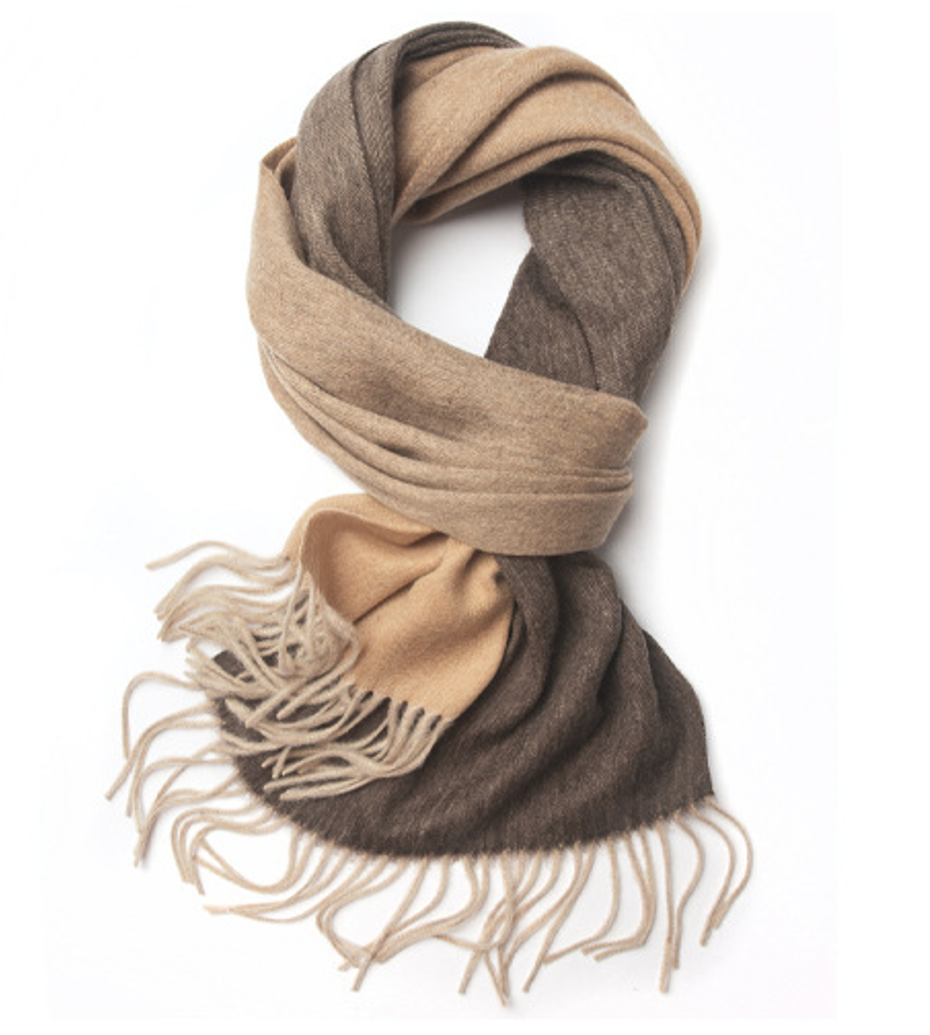 Degradé brown and camel woven lambswool scarf from Start2Finish, showing soft, textured fabric with a stylish color gradient.