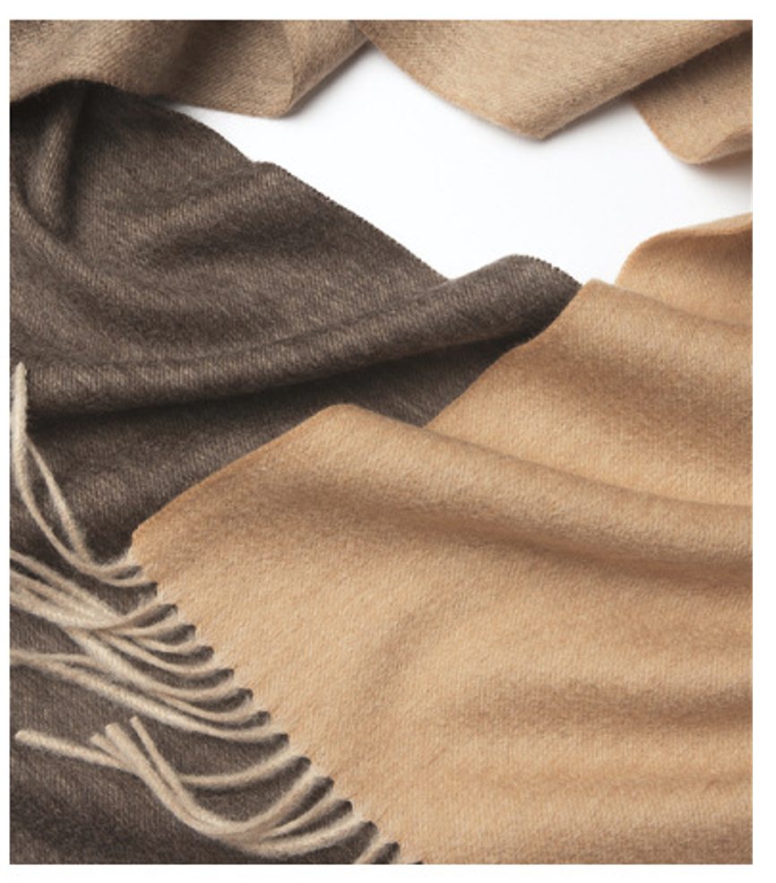 Degradé brown and camel lambswool woven scarf from Start2Finish, showcasing soft, textured fabric and elegant color blending.