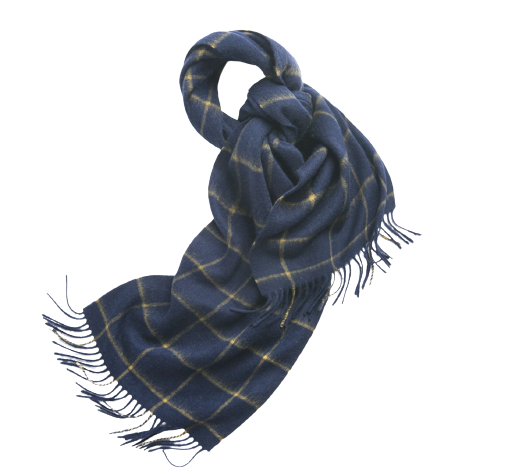 Start2Finish check Lambswool scarf in woven navy and camel, soft and warm apparel accessory with classic pattern.