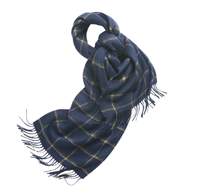 Start2Finish check Lambswool scarf in woven navy and camel, soft and warm apparel accessory with classic pattern.