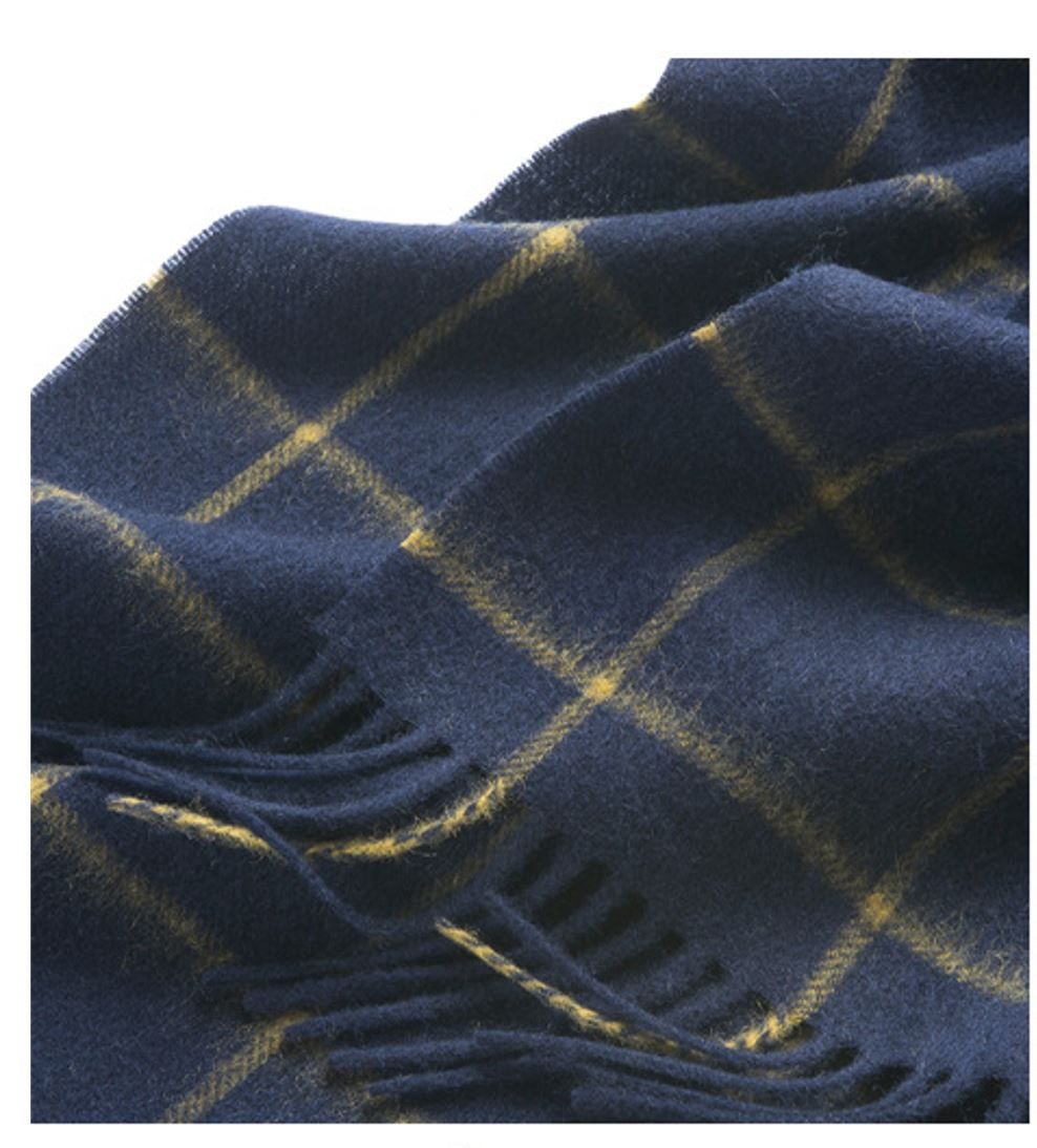 Start2Finish check lambswool scarf in woven navy and camel, featuring a soft, textured pattern for stylish warmth.