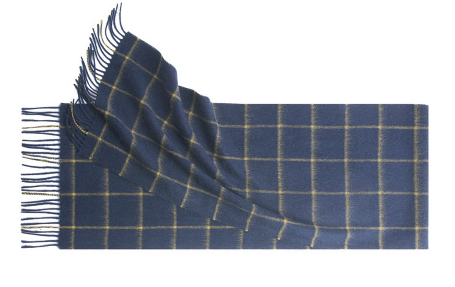 Start2Finish check lambswool scarf in navy and camel woven pattern, showcasing soft, warm wool fabric with a classic design.