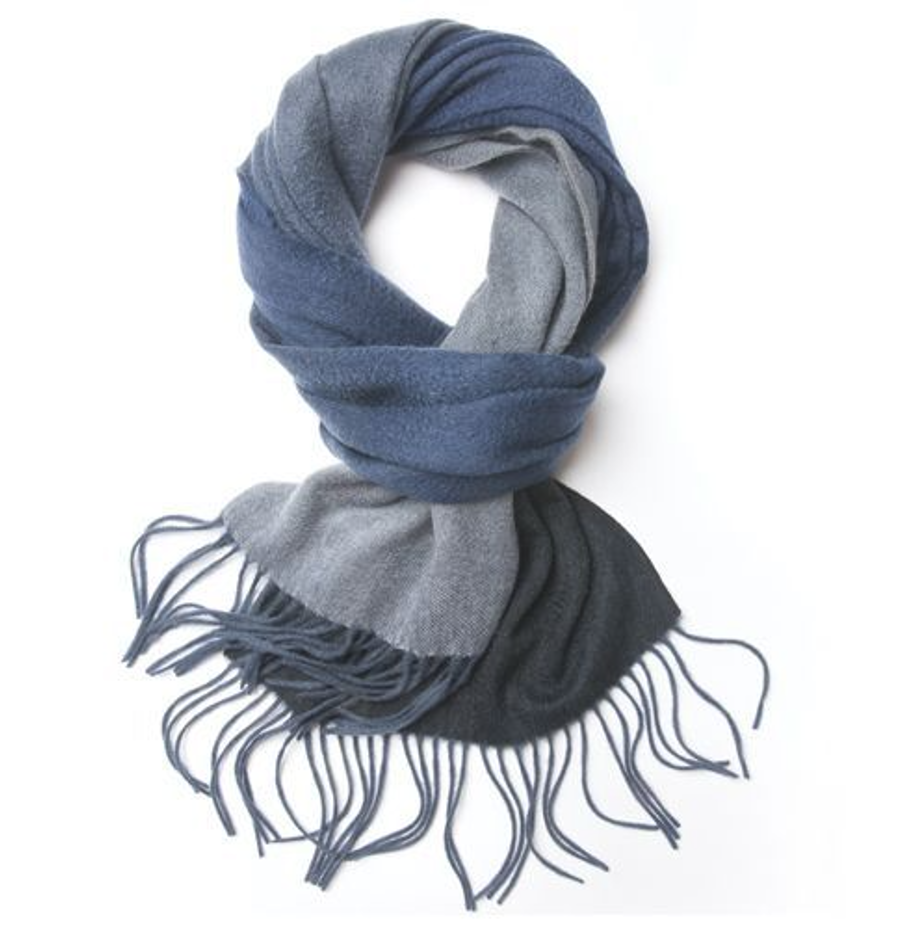 Degradé navy blue lambswool scarf by Start2Finish, woven with a soft, textured fabric and elegant color gradient.