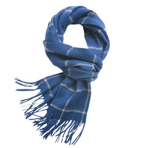 Royal blue and camel check lambswool scarf woven by Start2Finish, showing soft, warm fabric with a classic pattern.