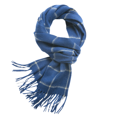 Royal blue and camel check lambswool scarf woven by Start2Finish, showing soft, warm fabric with a classic pattern.