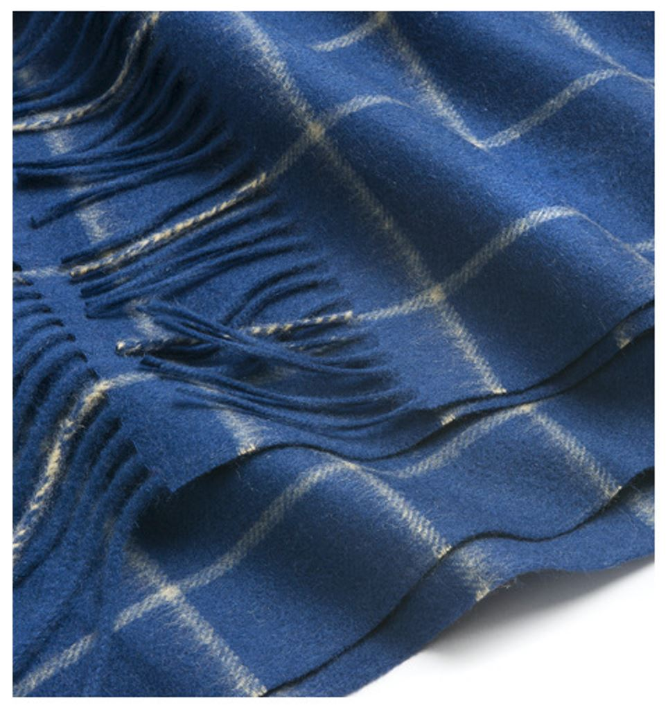 Royal blue and camel Check Lambswool Scarf from Start2Finish, woven soft and warm apparel accessory.