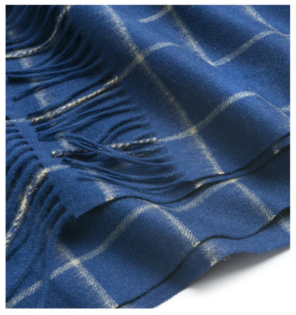 Royal blue and camel Check Lambswool Scarf from Start2Finish, woven soft and warm apparel accessory.