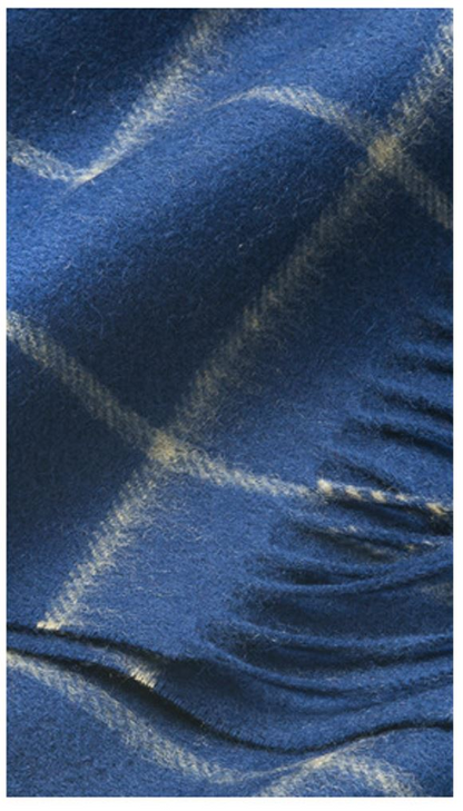 Royal blue and camel check lambswool scarf woven by Start2Finish, showcasing soft, warm, and stylish apparel for cold weather.
