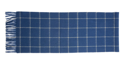 Royal blue and camel woven lambswool scarf from Start2Finish featuring a check pattern, soft and warm for stylish winter wear.
