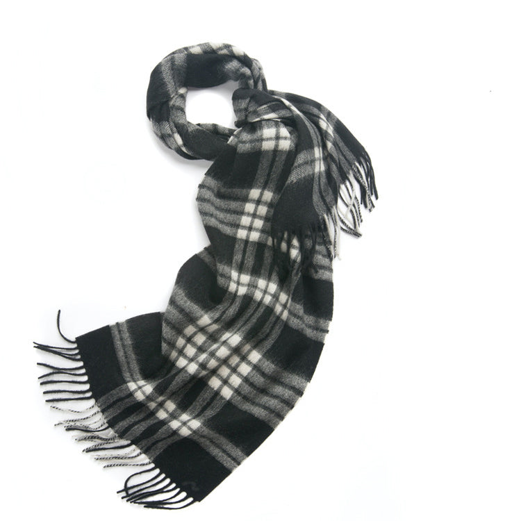 Start2Finish check lambswool scarf with black and white woven pattern, showcasing its soft, textured fabric and stylish design.