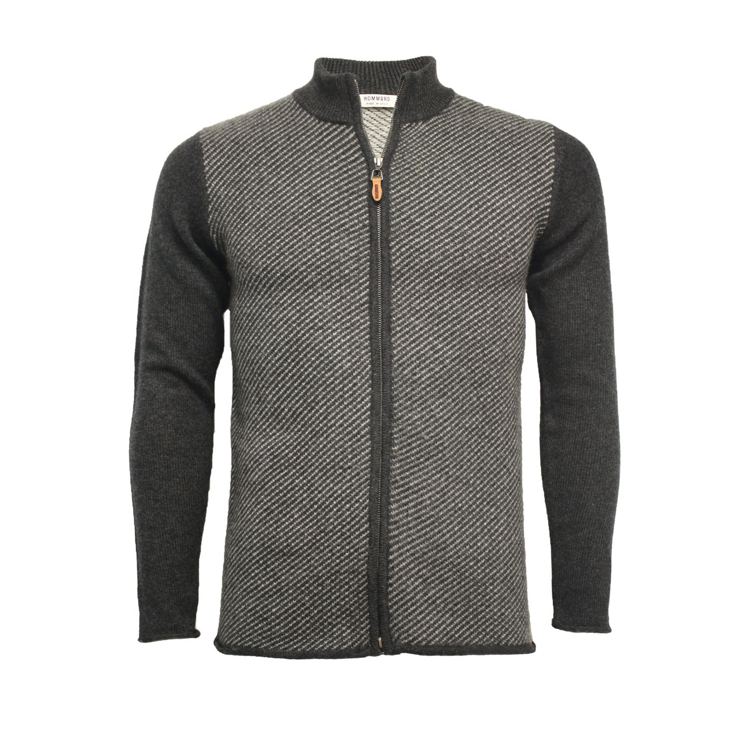 Start2Finish black and grey cashmere zipper sweater with diagonal stitch pattern, casual apparel for stylish comfort.