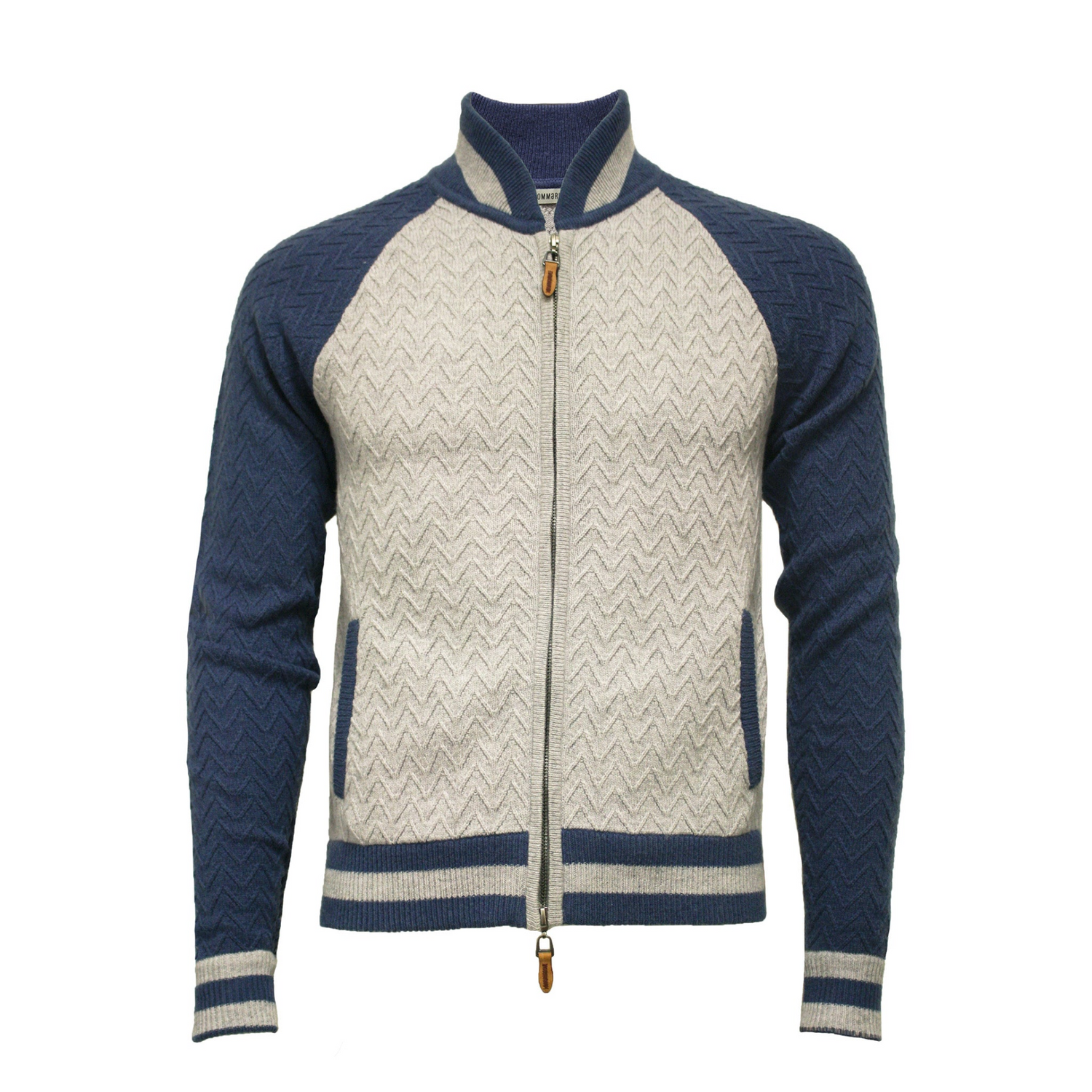 Grey blue cashmere bomber jacket in herringbone stitch by Start2Finish, featuring a fitted collar and ribbed cuffs.