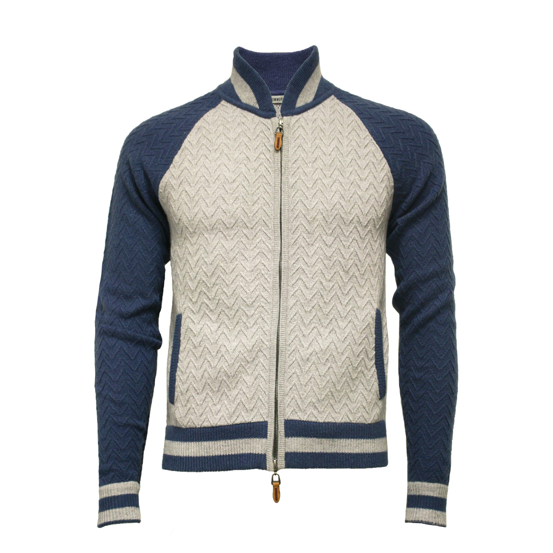 Grey blue cashmere bomber jacket in herringbone stitch by Start2Finish, featuring a fitted collar and ribbed cuffs.