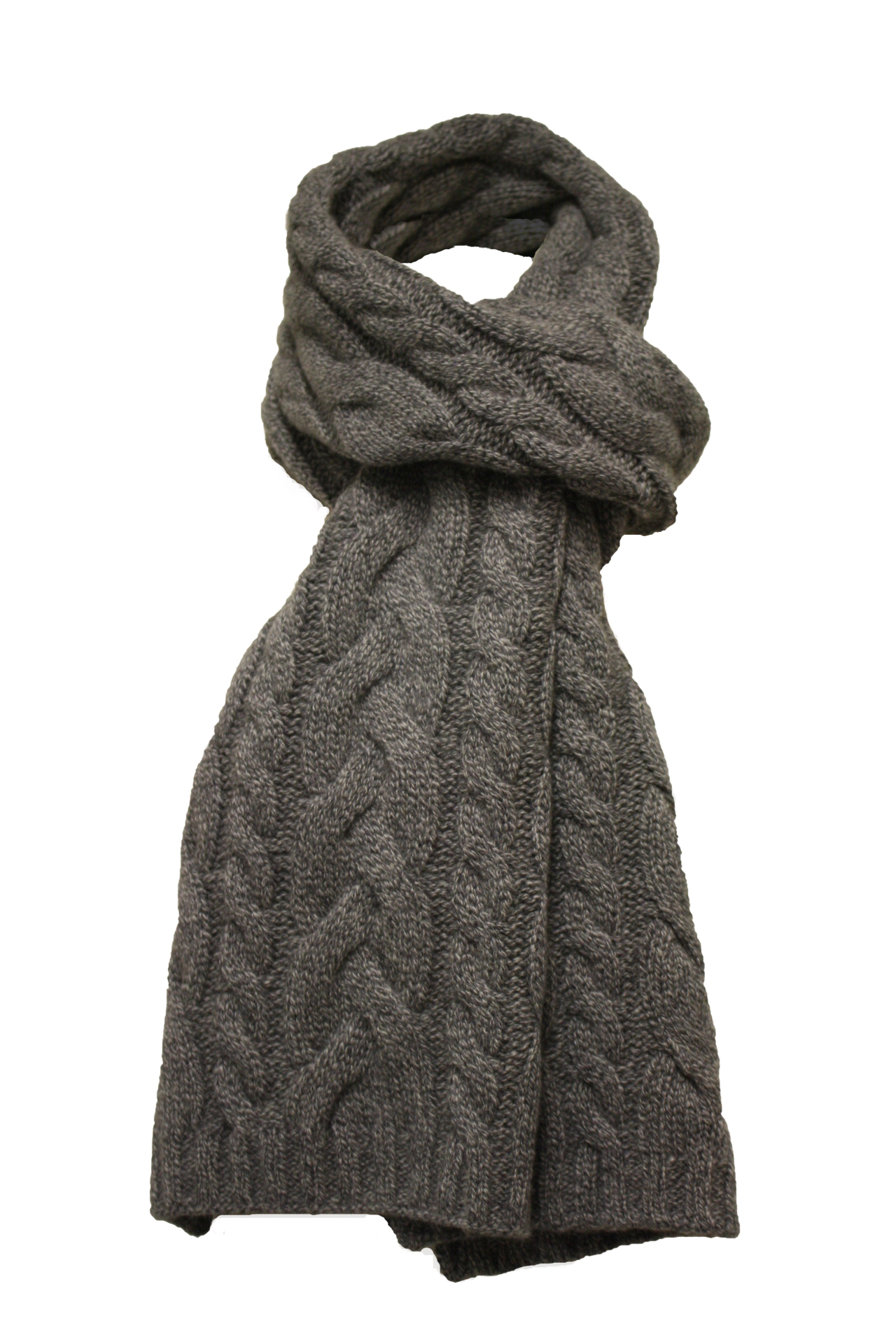 Grey Heather Cashmere Double Cable Scarf from Start2Finish, showcasing soft, cozy knit fabric with intricate cable patterns.