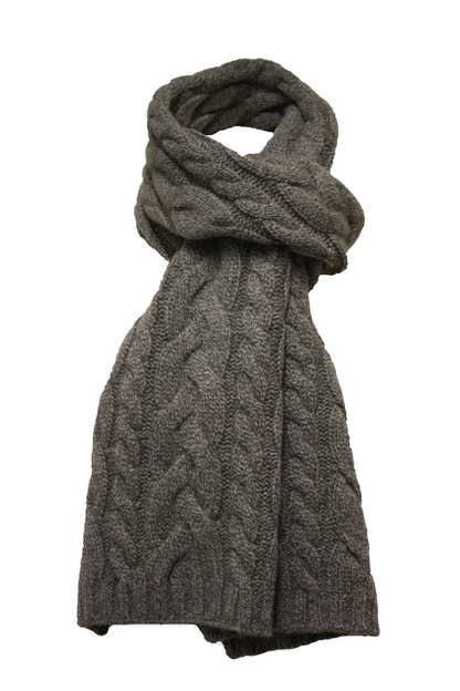 Grey Heather Cashmere Double Cable Scarf from Start2Finish, showcasing soft, cozy knit fabric with intricate cable patterns.