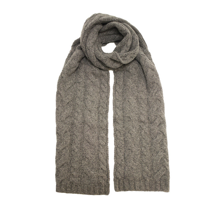 Grey Heather Cashmere Double Cable Scarf from Start2Finish, showcasing soft, cozy knit with intricate cable pattern.