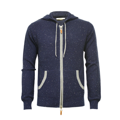 Donegal Blue cashmere hooded zipper sweater by Start2Finish, showing the cozy blue sweater with a front zipper and hood.