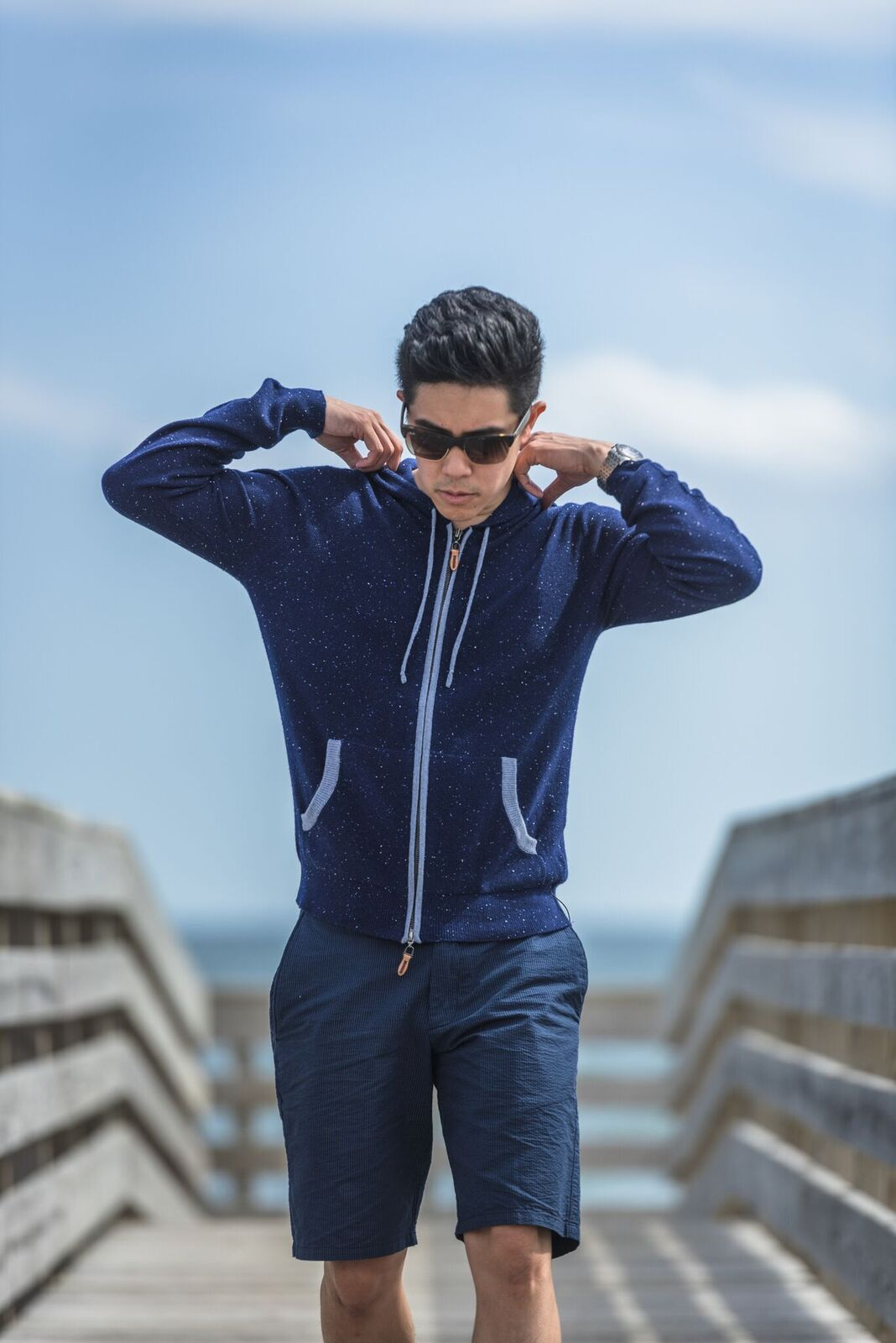 Start2Finish Donegal Blue Cashmere Hooded Zipper Sweater, cozy blue apparel with a front zipper and hood, stylish and comfortable.