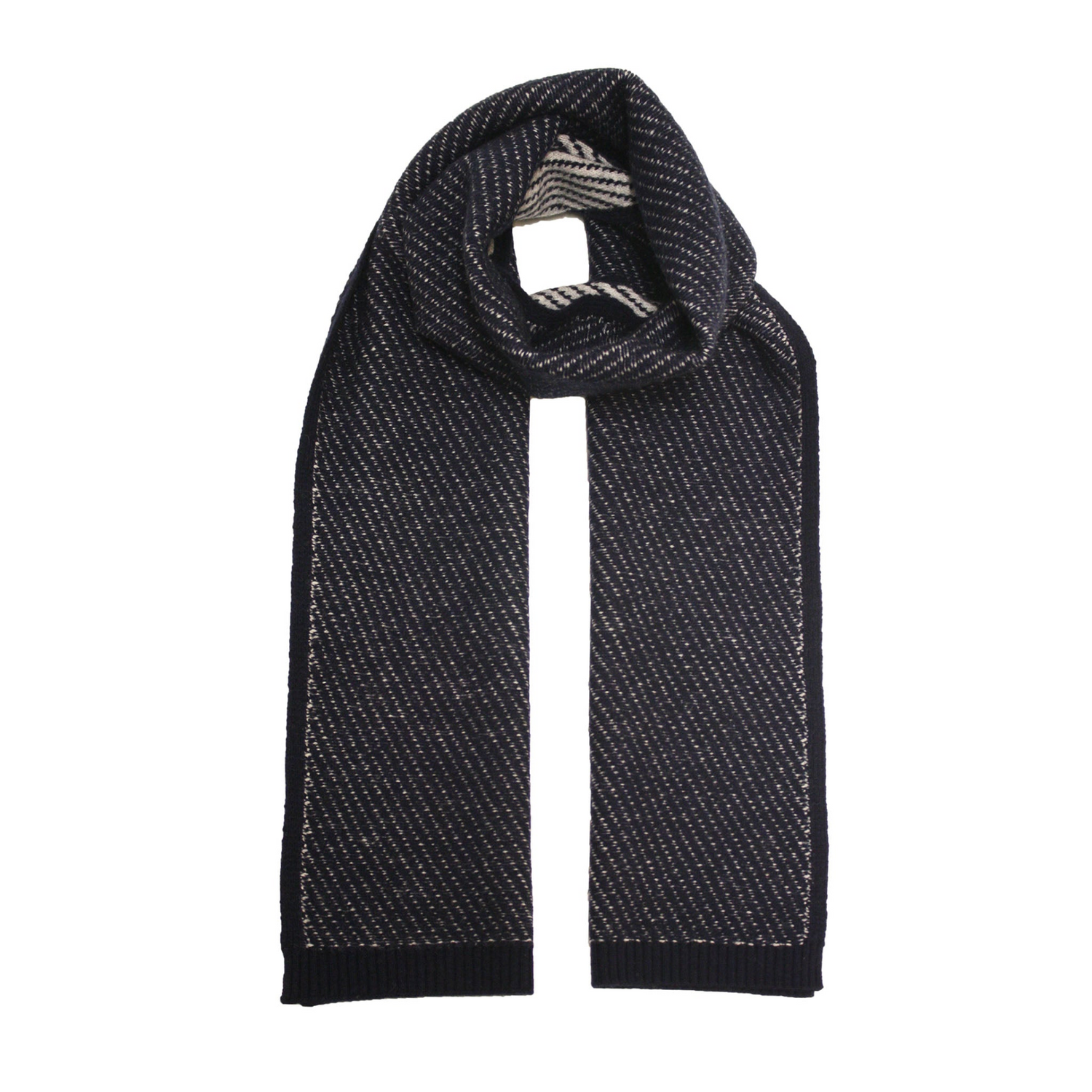Start2Finish diagonal stripe knitted cashmere scarf in Voyager Blue Grey, showing its soft, cozy texture and stylish pattern.
