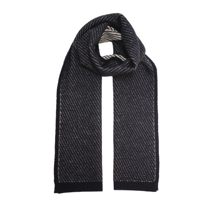 Start2Finish diagonal stripe knitted cashmere scarf in Voyager Blue Grey, showing its soft, cozy texture and stylish pattern.