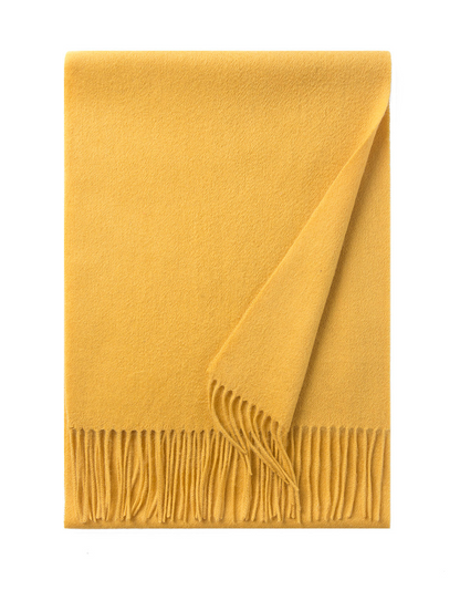 Yellow woven lambswool scarf from Start2Finish, showcasing plain design and soft, cozy texture for stylish warmth.