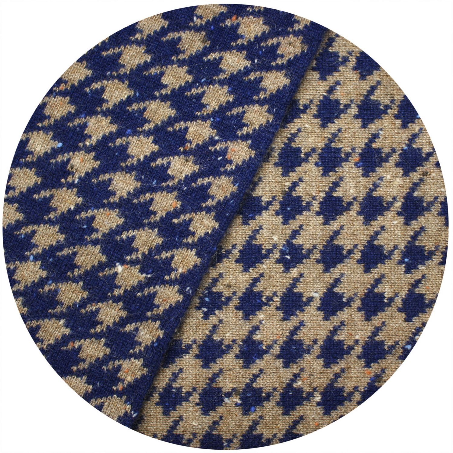 Start2Finish houndstooth knitted cashmere scarf in camel and blue, soft and stylish apparel accessory.