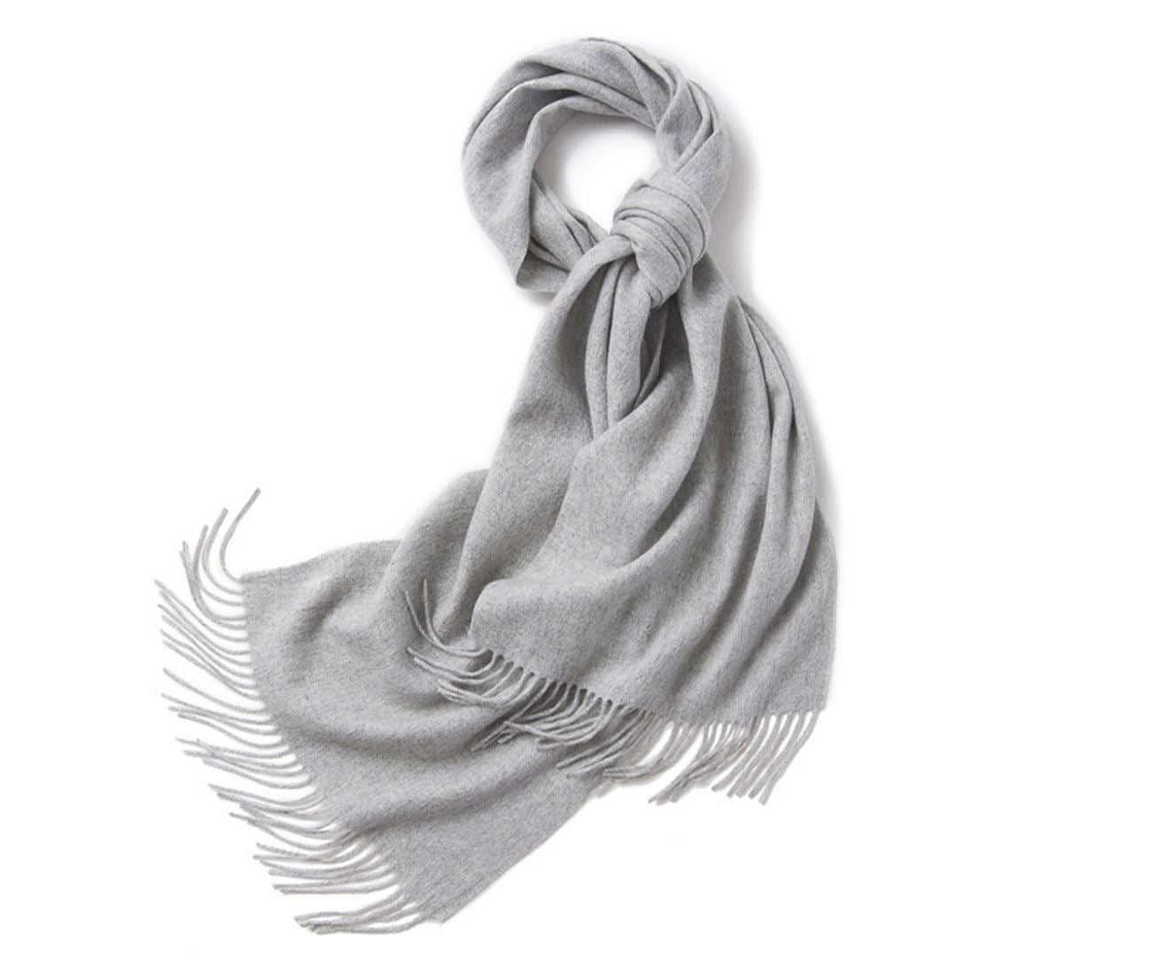 Light grey woven lambswool scarf by Start2Finish, showcasing soft, plain textured fabric perfect for cold weather.
