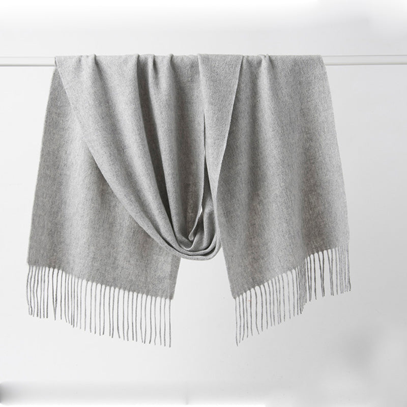 Light grey woven lambswool scarf from Start2Finish, showing its soft, plain design and textured fabric.