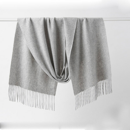 Light grey woven lambswool scarf from Start2Finish, showing its soft, plain design and textured fabric.