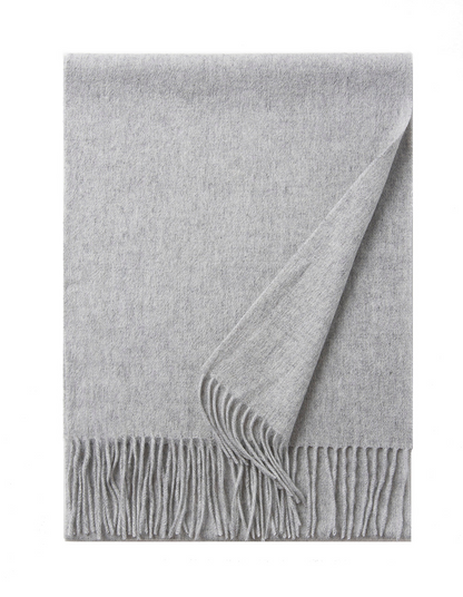 Light grey woven lambswool scarf from Start2Finish, showcasing a plain, soft, and cozy apparel accessory for cold weather.
