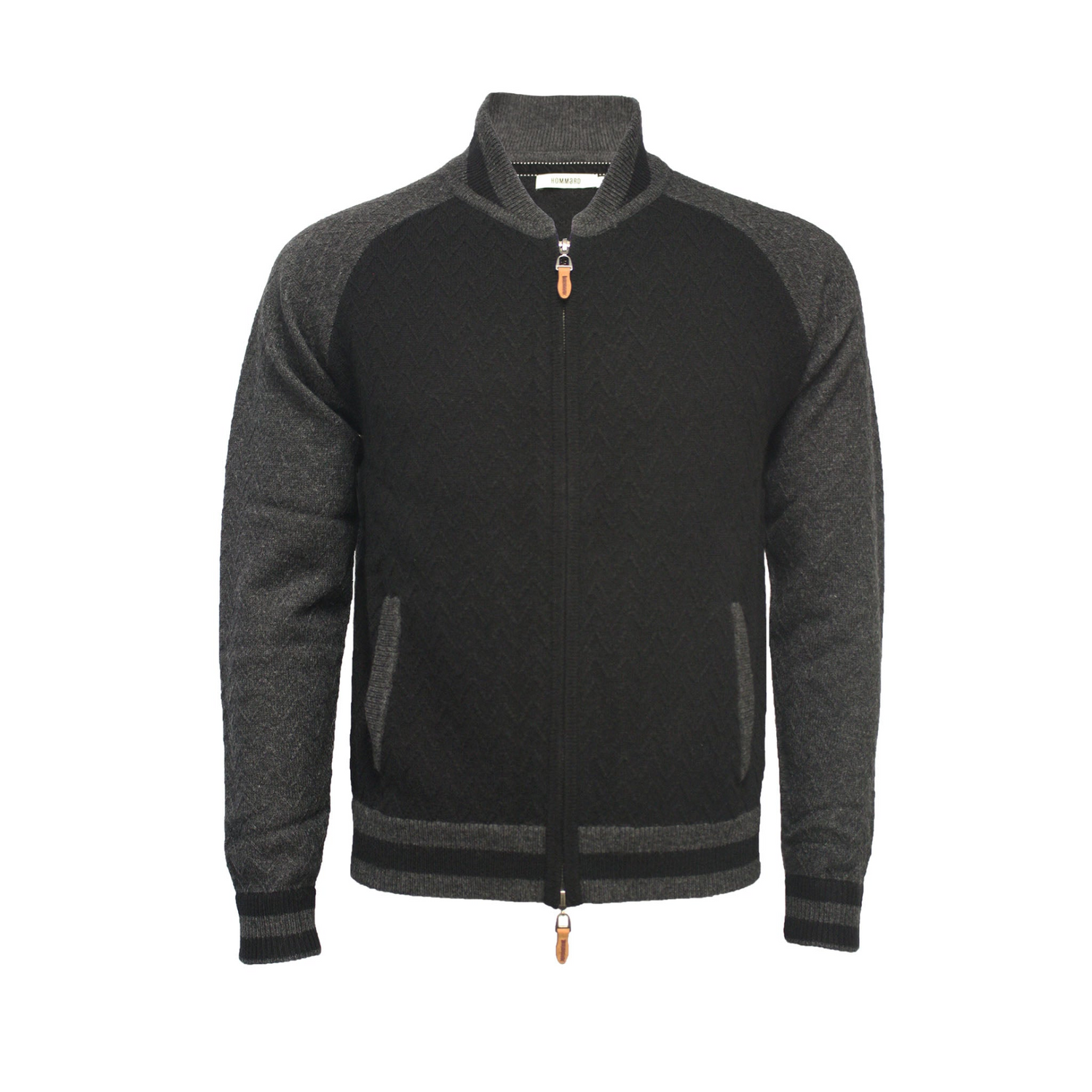 Start2Finish cashmere bomber jacket in herringbone stitch, showcasing the soft fabric, ribbed cuffs, and stylish collar.