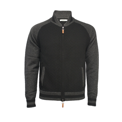 Start2Finish cashmere bomber jacket in herringbone stitch, showcasing the soft fabric, ribbed cuffs, and stylish collar.