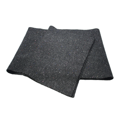Kembla Grey Blue herringbone Donegal knitted cashmere scarf by Start2Finish, showcasing its textured pattern and soft knit fabric.