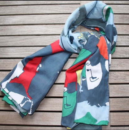 Cotton silk printed scarf from Start2Finish, featuring vibrant floral and geometric patterns in bright colors.
