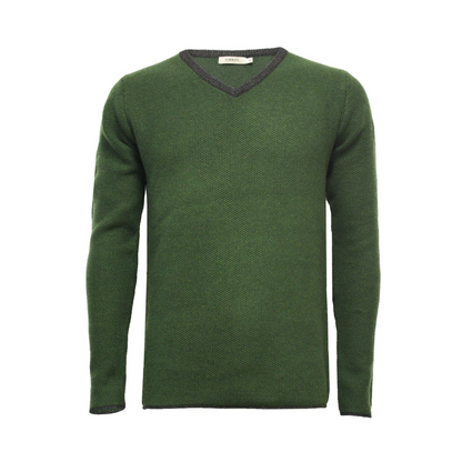 Start2Finish Cedak Green cashmere V-neck sweater with contrasting accents, showcasing soft knit fabric and stylish design.