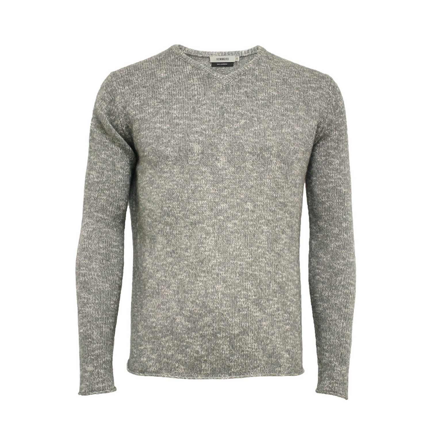 Start2Finish Melange Cashmere V-neck sweater in grey and white jersey stitch, cozy and stylish apparel for cold weather.