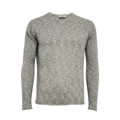 Start2Finish Melange Cashmere V-neck sweater in grey and white jersey stitch, cozy and stylish apparel for cold weather.