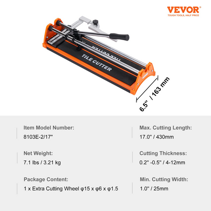 Start2Finish VEVOR 17-inch manual tile cutter with tungsten wheel, infrared guide, anti-skid feet, and double rails for precise porcelain cuts.