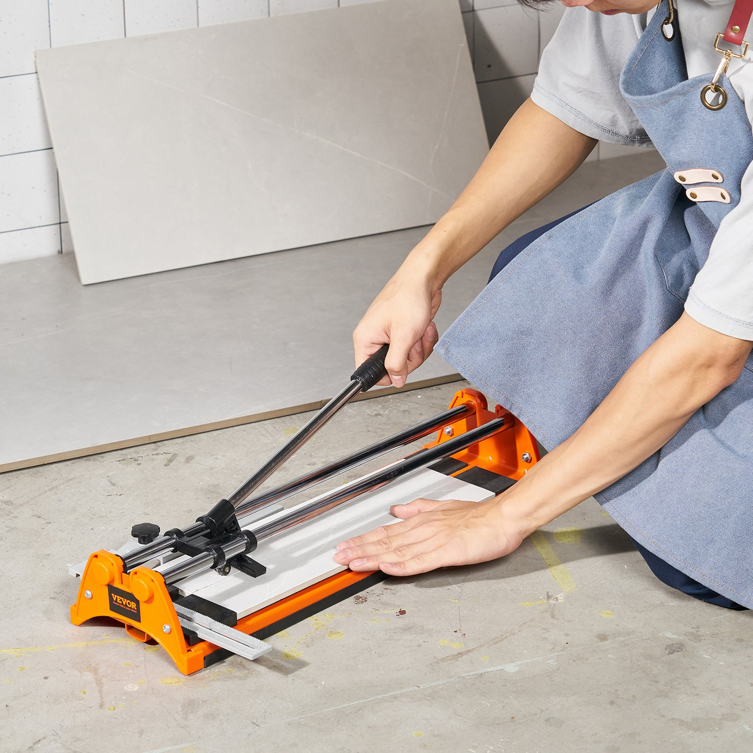 Start2Finish VEVOR 17-inch manual tile cutter with tungsten carbide wheel, infrared guide, anti-skid feet, and double rails for precise cuts.