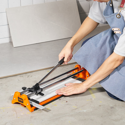 Start2Finish VEVOR 17-inch manual tile cutter with tungsten carbide wheel, infrared guide, anti-skid feet, and double rails for precise cuts.