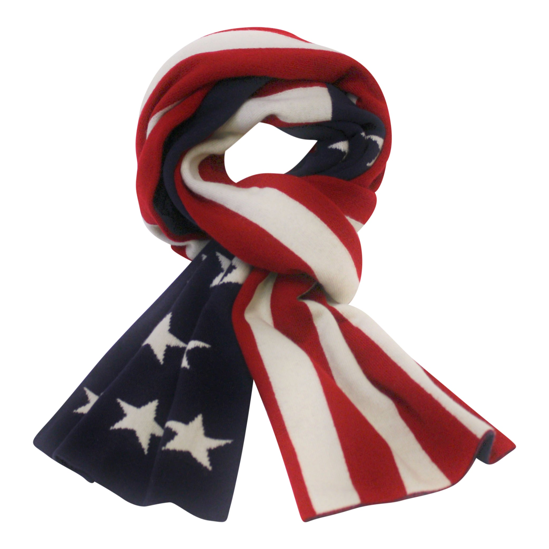 American flag knitted cashmere scarf from Start2Finish, featuring red, white, and blue patriotic design and soft, cozy texture.