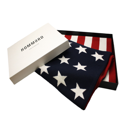American flag knitted cashmere scarf by Start2Finish, featuring vibrant red, white, and blue patriotic design.