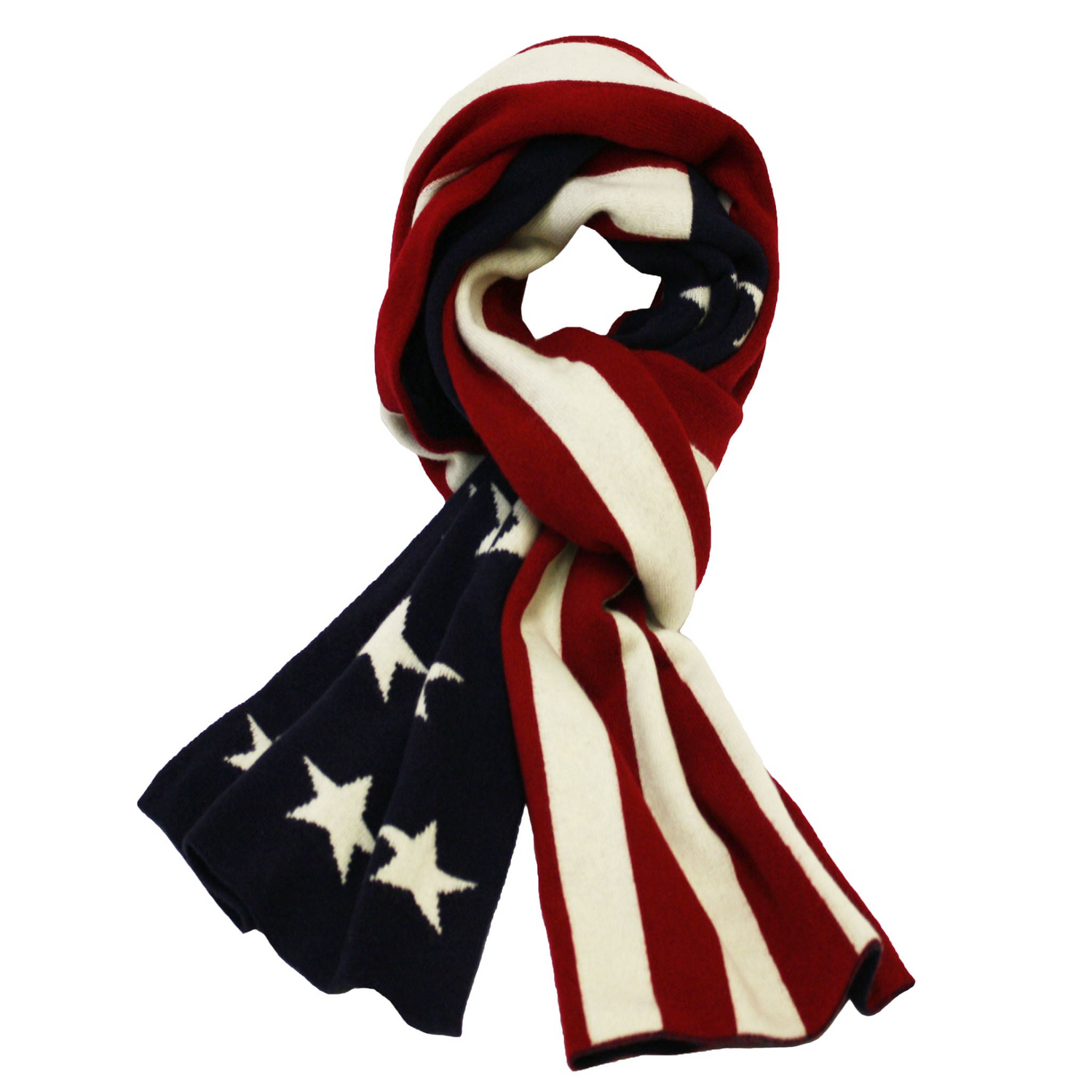American flag knitted cashmere scarf by Start2Finish, featuring red, white, and blue patriotic stripes in soft, cozy knit fabric.