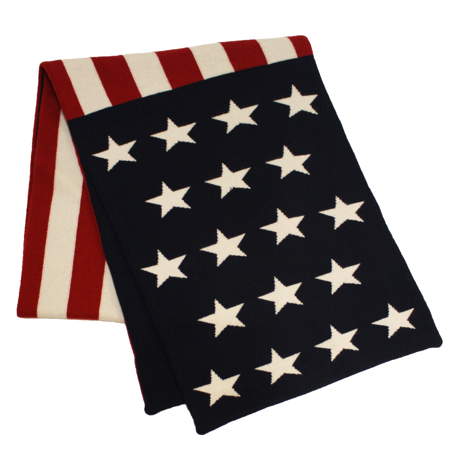 American flag knitted cashmere scarf by Start2Finish, showing vibrant patriotic pattern and soft, cozy texture.
