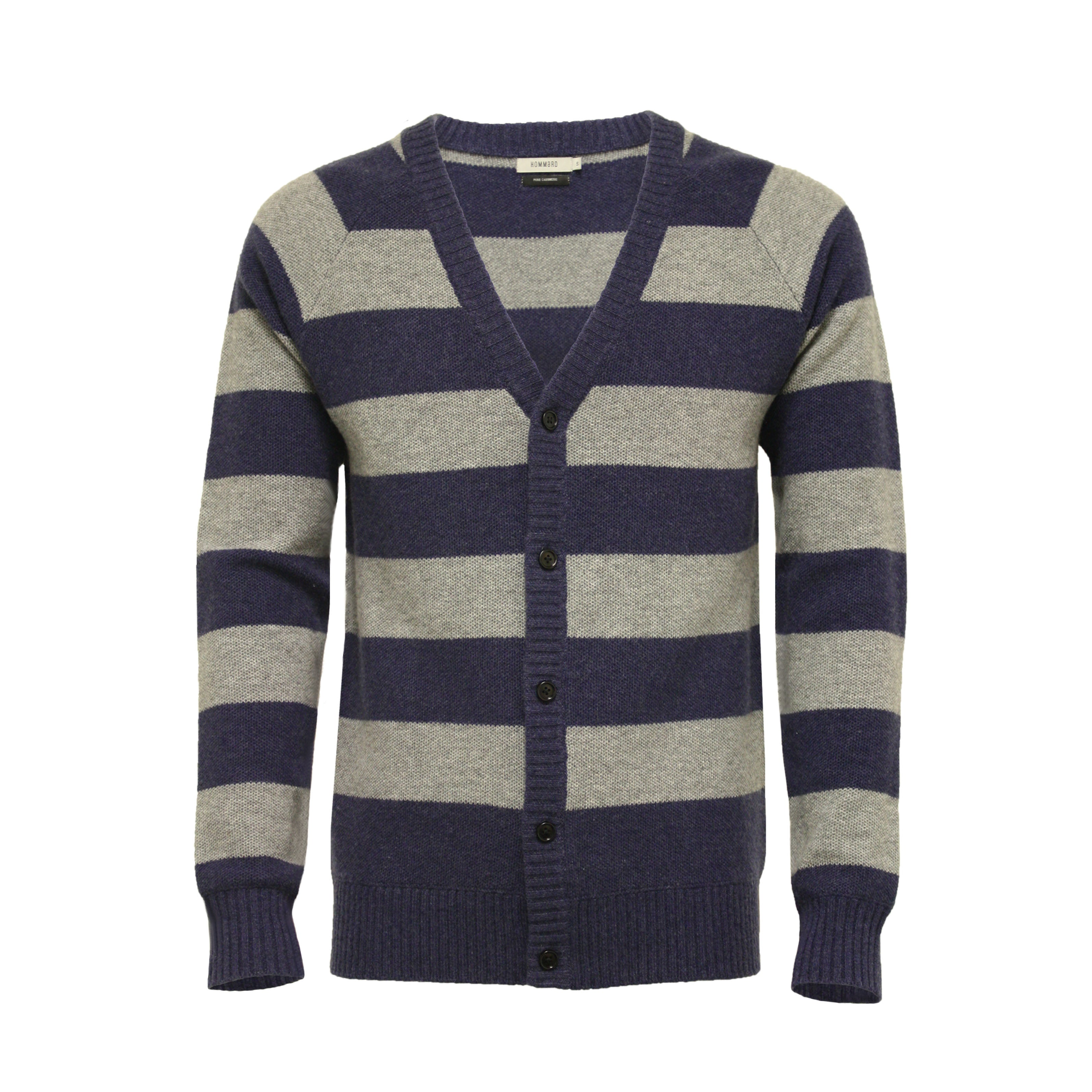 Start2Finish striped pique cashmere cardigan in Cortina blue and grey, featuring a classic button-up design and ribbed cuffs.