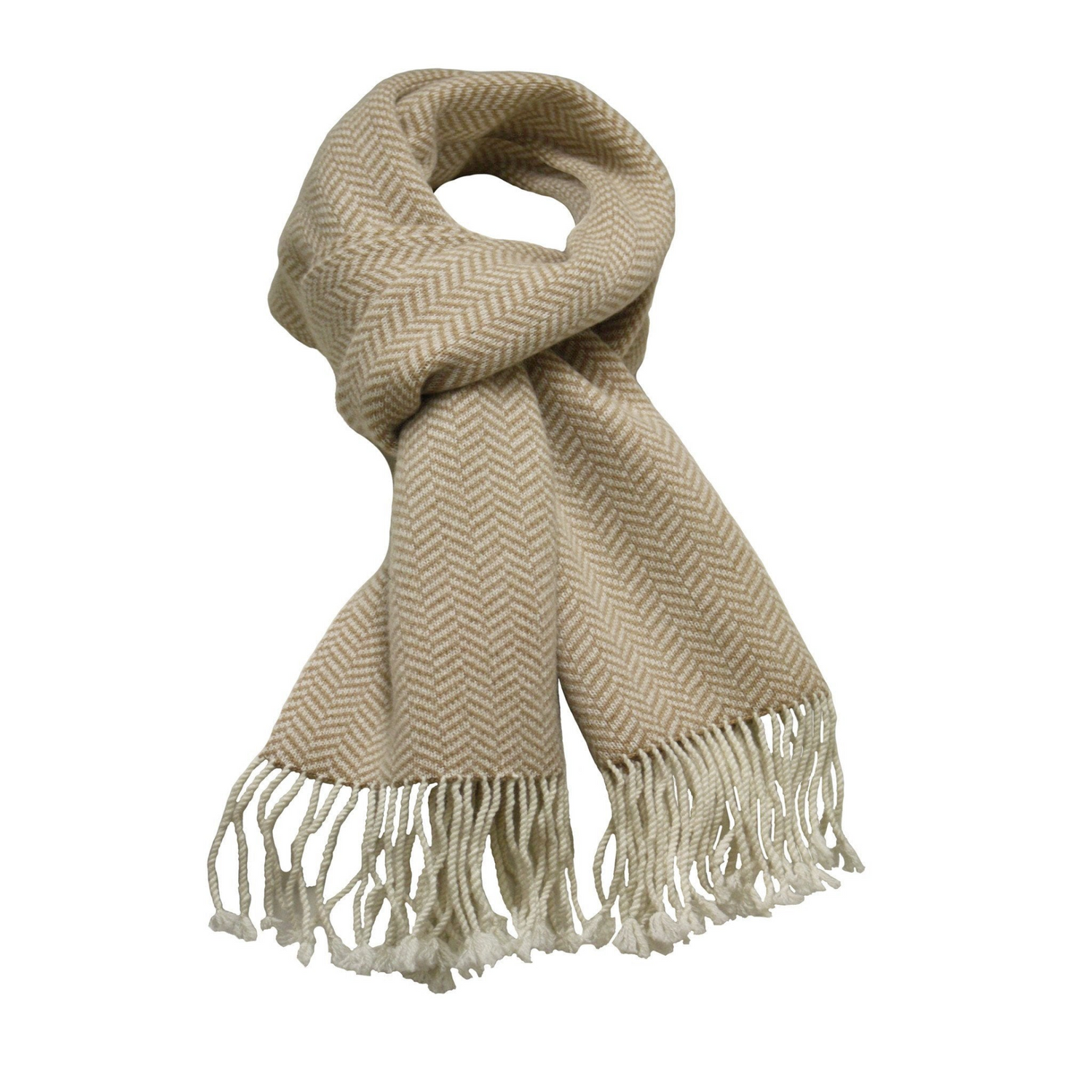Camel wool and white cashmere herringbone scarf from Start2Finish, showing the soft plaid fabric and stylish design.