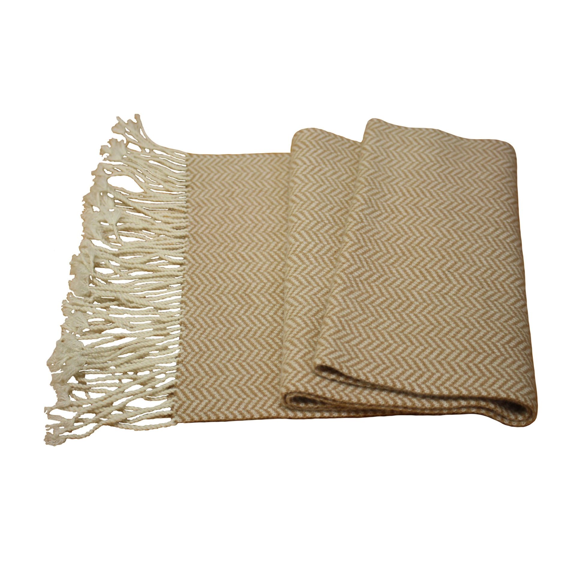 Camel wool and white cashmere herringbone scarf from Start2Finish, featuring a soft, woven pattern ideal for stylish winter wear.