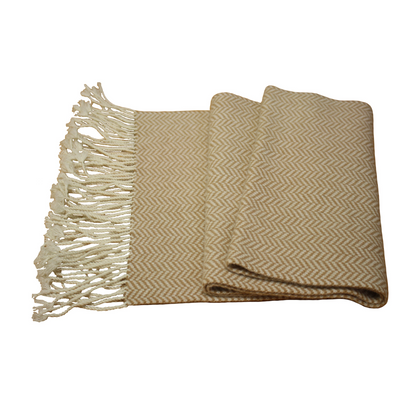 Camel wool and white cashmere herringbone scarf from Start2Finish, featuring a soft, woven pattern ideal for stylish winter wear.