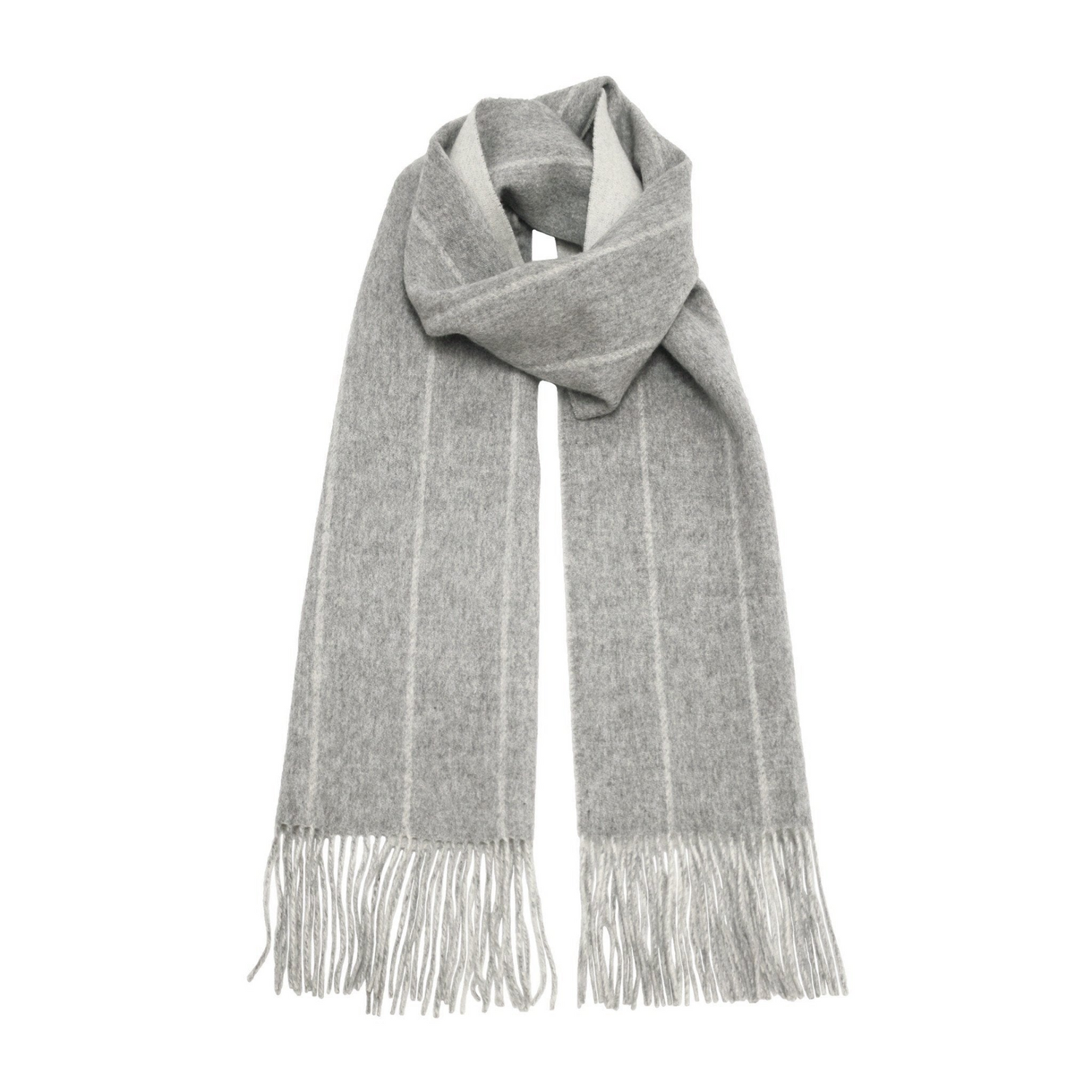 Silver grey wool and cashmere woven double face scarf with white stripes, stylish and soft apparel by Start2Finish.